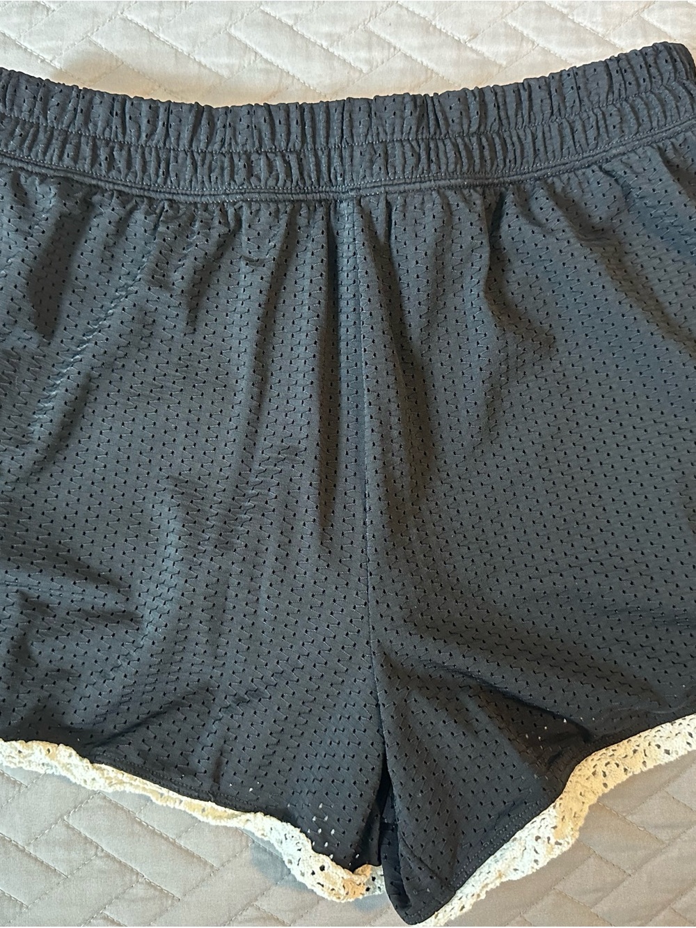 aerie Black Athletic Mesh Shorts with Cream Lace Trim